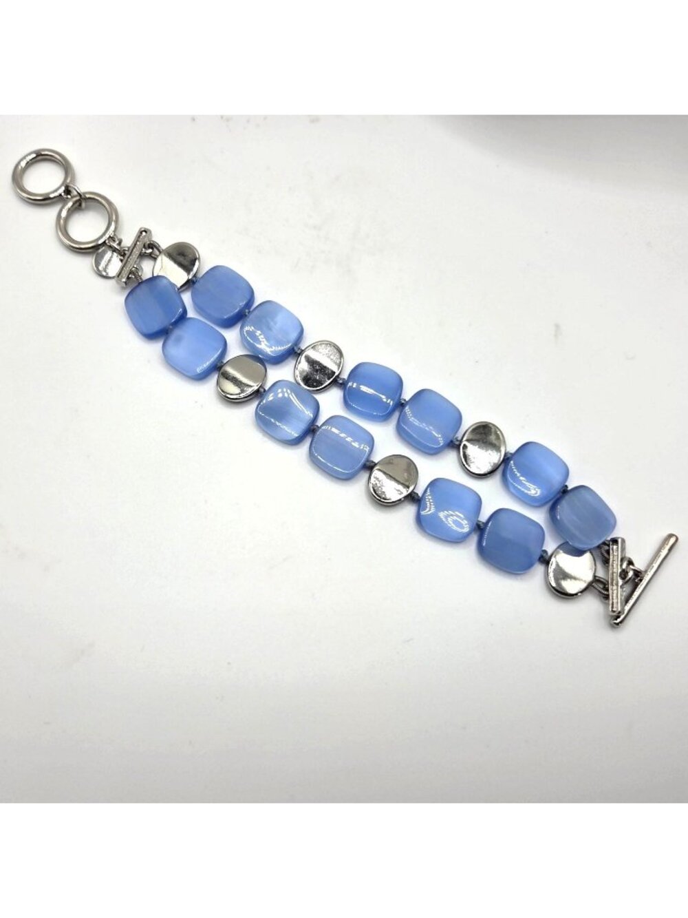 Talbots Bracelet Beachy Blue Moon Glow Flat Bead Silvertone Double Strand